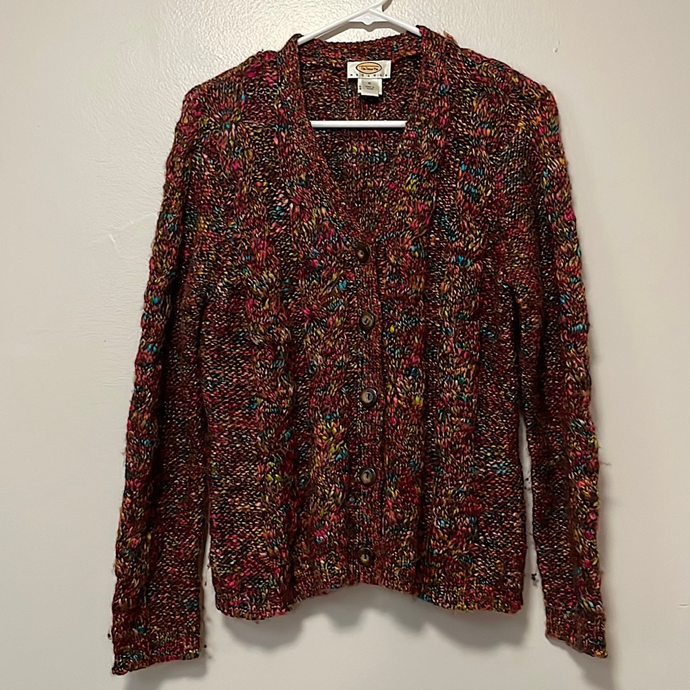 Talbots. Brown with bright color flecks. Thick warm wool and acrylic sweater.